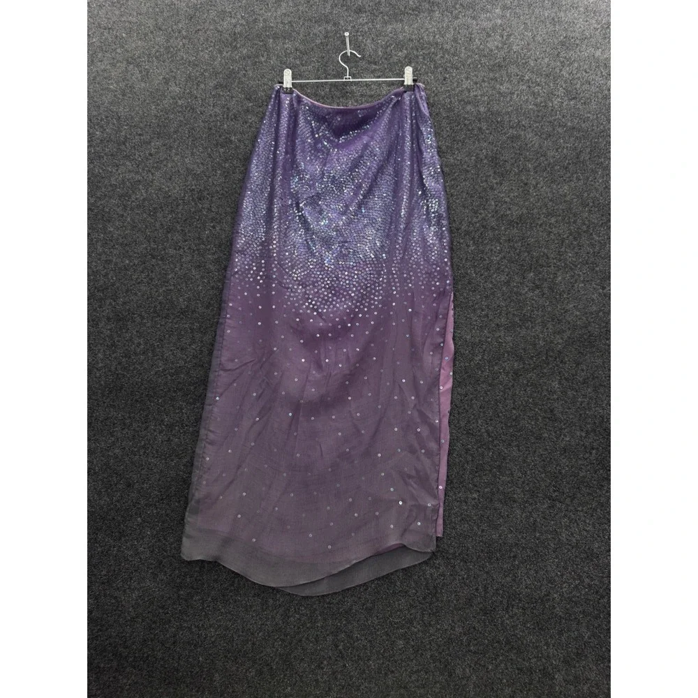 Bieff Purple Sequin Maxi Skirt Iridescent Crinkle Fabric Knot Buttons Side Slit